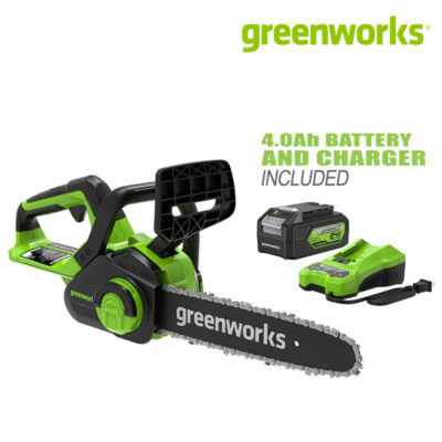 เลื่อยโซ่ 10 นิ้ว Greenworsks 24V พร้อมแบตเตอรี่ (4.0Ah) และแท่นชาร์จเร็ว