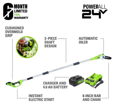 เครื่องตัดแต่งกิ่งไม้สูงไร้สาย (8 นิ้ว) Greenworks 24V พร้อมแบตเตอรี่ (4.0Ah) และแท่นชาร์จเร็ว - Image 2