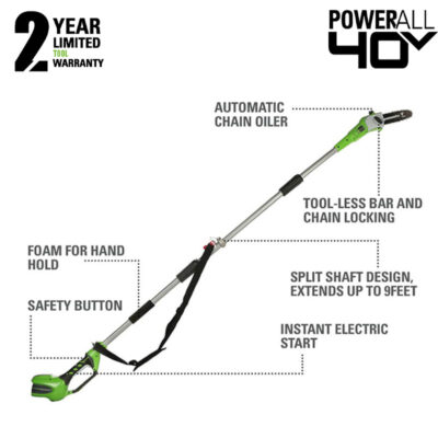 เครื่องตัดแต่งกิ่งไม้สูง Greenworks 40V พร้อมแบตเตอรี่ (4.0Ah) และแท่นชาร์จ - Image 2