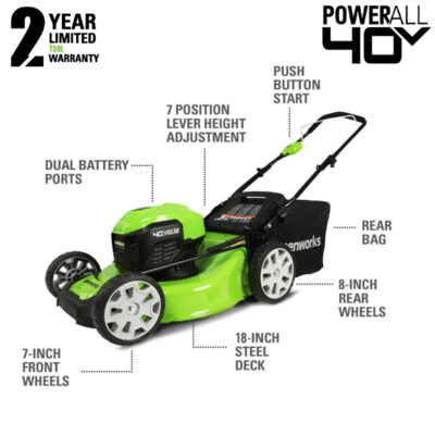 เครื่องตัดหญ้าแบบเข็น 18 นิ้ว Greenworks 40V พร้อมแบตเตอรี่ (4.0Ah) และแท่นชาร์จ - Image 2