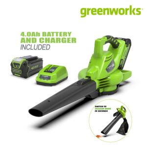 เครื่องเป่าลม ดูดใบไม้ Greenworks 40V 2in1 ให้ความเร็วลมได้สูงถึง 280 กม./ชม. ทำงานได้ทั้งระบบเป่าลมและดูด เป่าใบไม้ได้ทั้งชนิดแห้งและเปียก พร้อมถุงเก็บเศษใบไม้